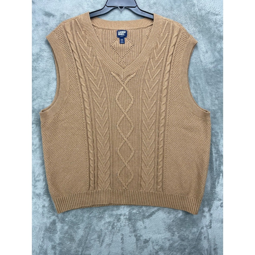 Land's End Men's Drifter Cable Knit‎ Sweater Vest XXL Tan 100% Cotton Golf